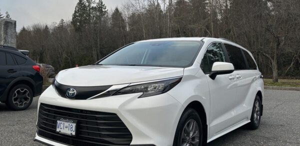 A white car parked in front of some trees